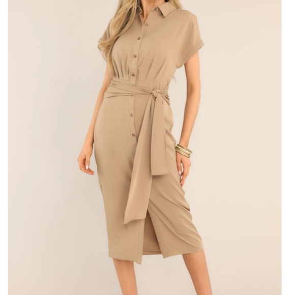 Working Together Tan Button Front Midi Dress - Picture 3 of 6